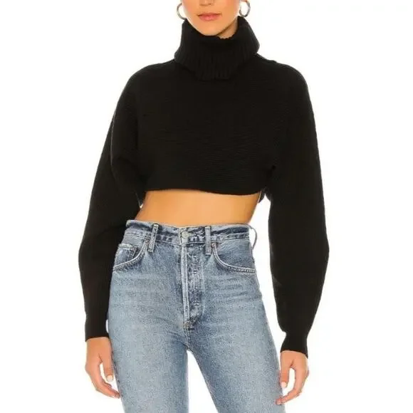 House of Harlow Black Cropped Ribbed Turtleneck Sweater Long Sleeve Womens Small - Picture 1 of 7